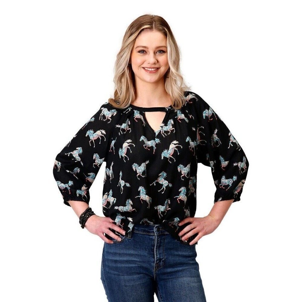 Roper Women's Long Sleeve Wild Horse Print Blouse - Black